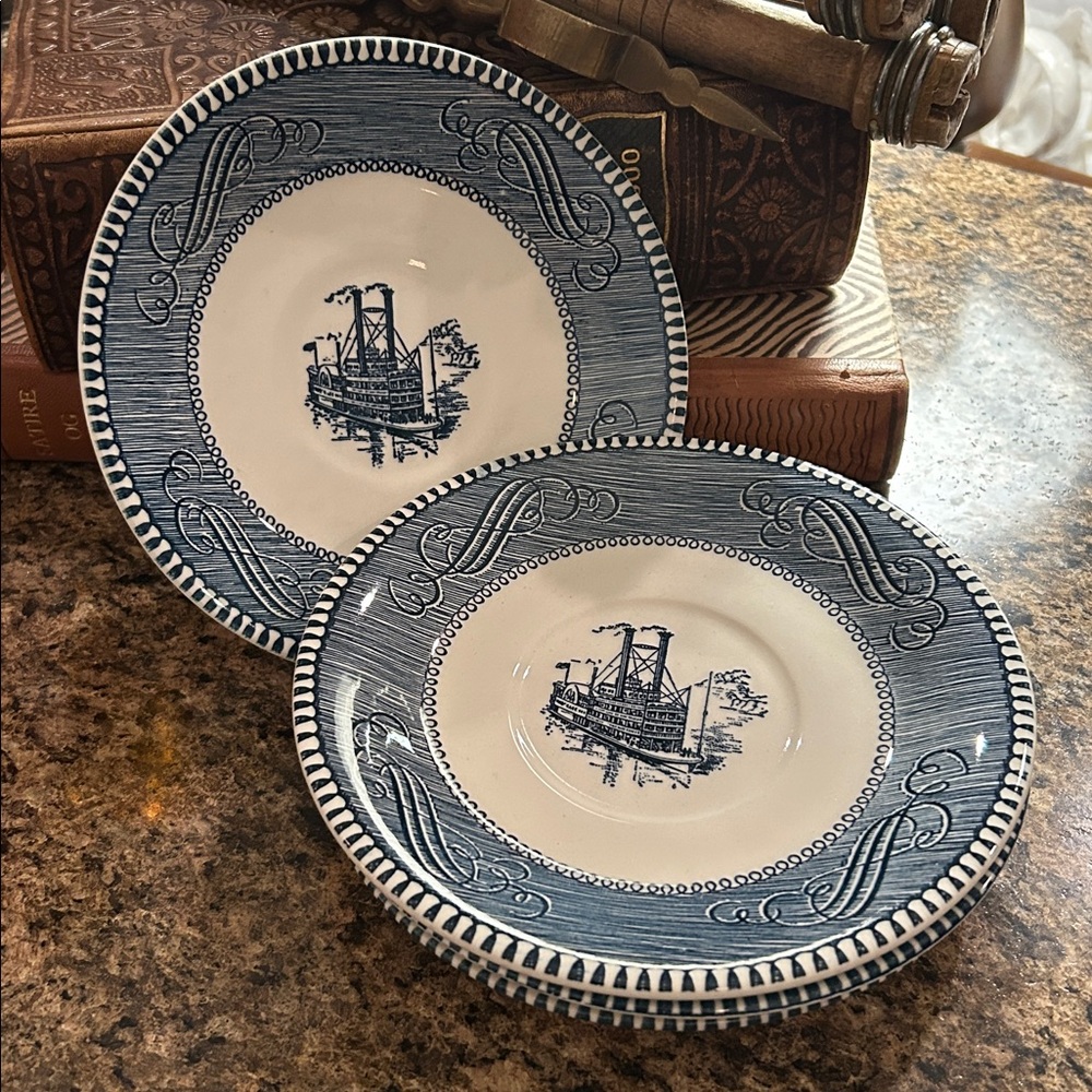 Blue and White Transferware Saucer Set